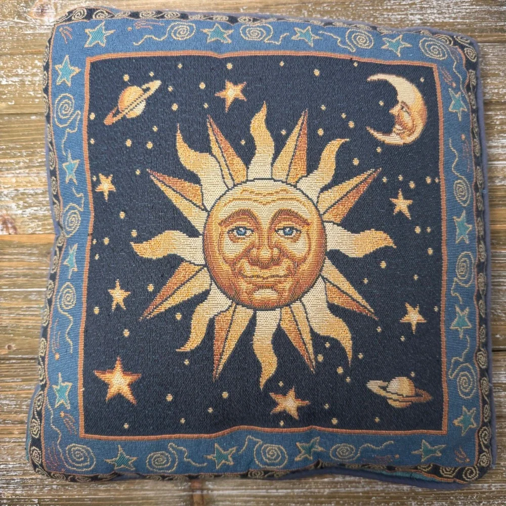 Vintage Celestial Sun Moon Stars Tapestry Pillow Whimsical Navy Blue 90s Boho